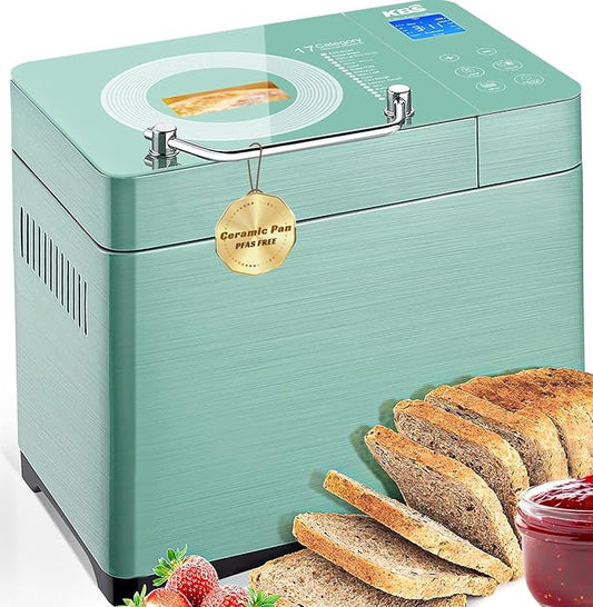 KBS 710W Convection Bread Maker Dual Heaters,2.2LB Bread Machine with Healthy Ceramic Pan&Auto Fruit Dispenser,17-in-1 Bread Maker Machine Gluten Free,Stainless Steel 15H Timer&Keep Warm, Touch Panel