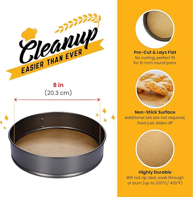 [220 Liners] Heavy Duty 8 Inch Parchment Rounds Paper Baking Sheets | Precut Silicone Coated & Unbleached – Will Not Curl or Burn – Non-Toxic & Comes in Convenient Packaging