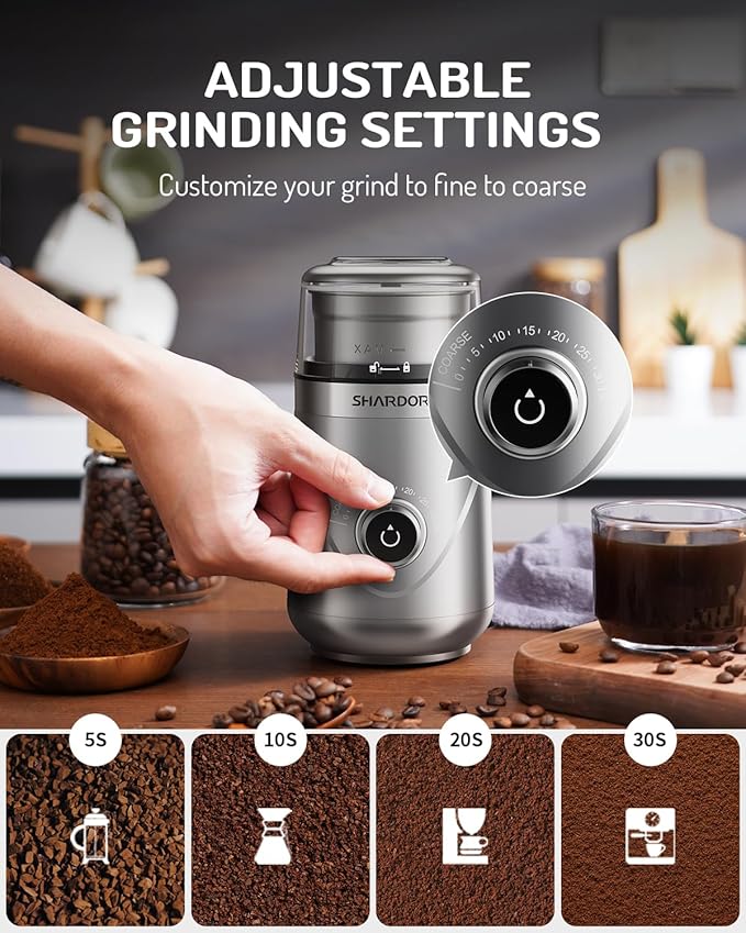 SHARDOR Adjustable Coffee Grinder Electric, Herb, Spice, Coffee Bean,Espresso Grinder with 2 Removable Stainless Steel Wet and Dry Bowl, Silver