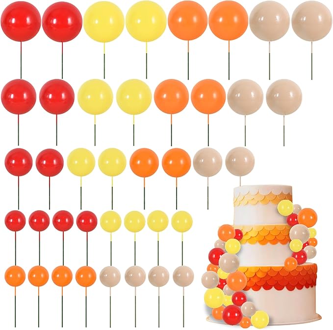 BEISHIDA 40 Pcs Mini Balls Cake Toppers - DIY Cake Decorations for Girls, Baking, Thanksgiving, Birthday, Baby Shower (Red, Orange, Yellow)