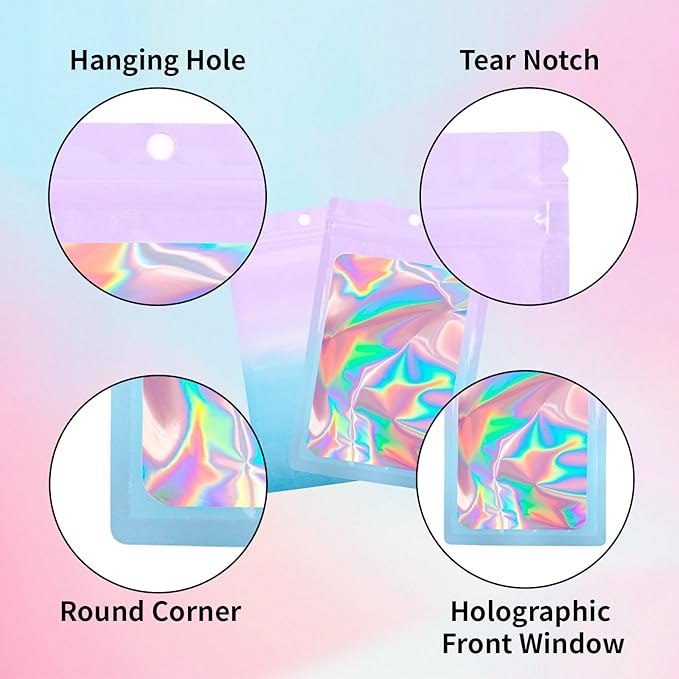 200 Pack Resealable Mylar Holographic Bags Food Storage Smell Proof Bags with Front Window Foil Packaging Pouch for Candy Sample Jewelry Small Business 3.54×6.29 Inch, Pink Fade Blue