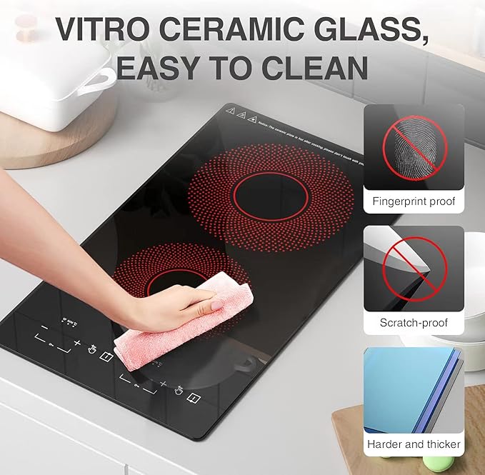 Portable Electric Hot Plate, 2 Burner Cooktop 110V/120V Plug-in, Infrared Stove Top for Cooking, LED Touch Control, Timer & Safety Lock for RV, Dorm, Apartment (Electric Cooktop 2 Burners A)