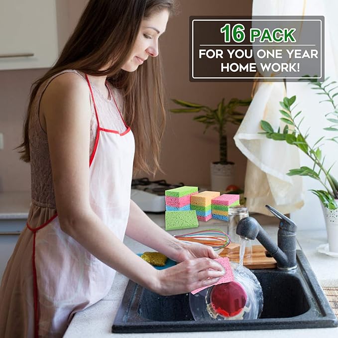 Cleaning Scrub Colored Sponge,Non-Scratch Kitchen Cellulose Dishwashing Sponge,16Pack Biodegradable Natural Sponge