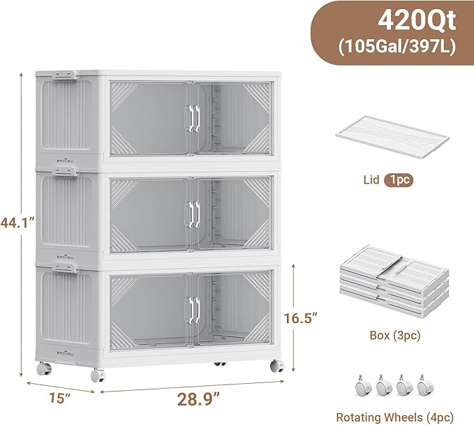 105Gal Plastic Stackable Storage Bins with Lid, 420QT Extra Large Closet Organizers Collapsible Cabinets Boxes With Drawers, Foldable Containers with 4x Wheels for Home Kitchen, V60 3Pack White