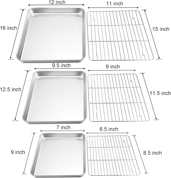 TeamFar Baking Sheet with Rack Set, Stainless Steel Cookie Sheet Baking Pans with Cooling Rack, Non Toxic & Healthy, Rust Free & Heavy Duty, Mirror Finish & Easy Clean, Dishwasher Safe - 6 Pieces