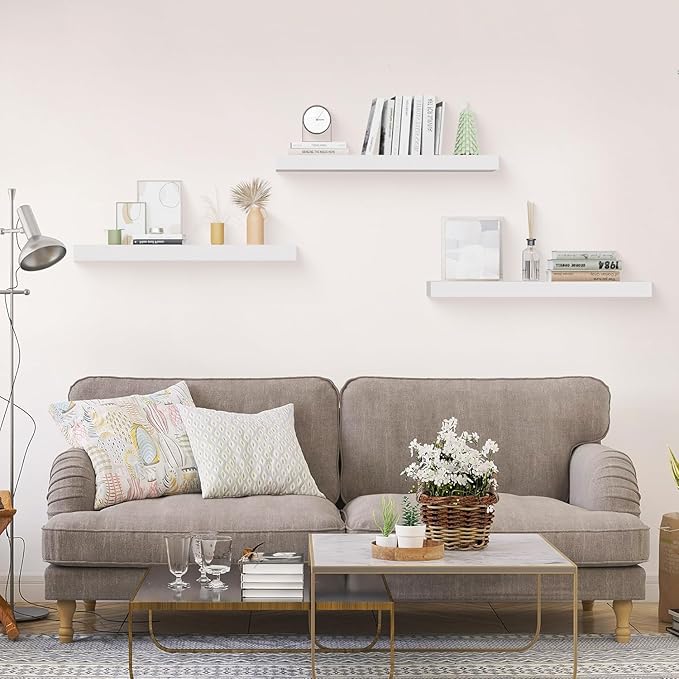 Colima Floating Shelves for Wall White Wood Wall Shelf for Bedroom, 24 Inch Wall Mounted Floating Shelves for Bathroom Living Room Kitchen Office, 1.3" Thick Floating Book Shelves for Wall, Set of 3