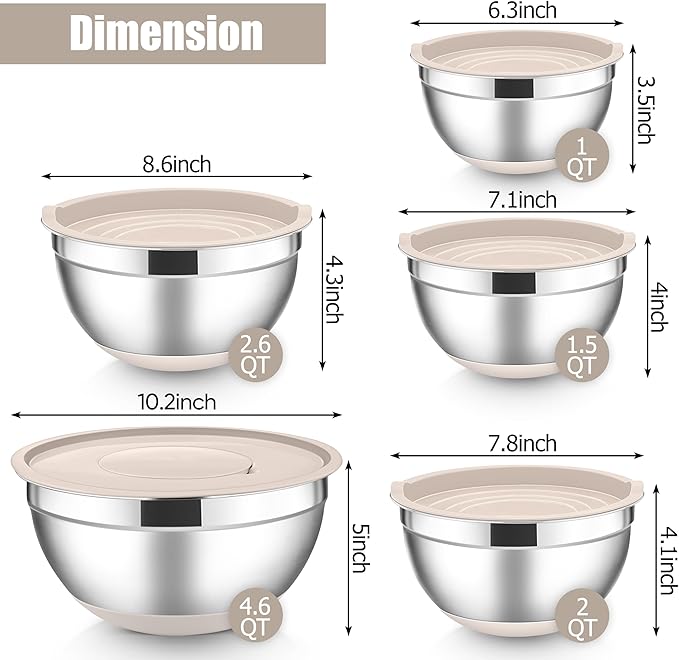 E-far Stainless Steel Mixing Bowls with Lids Set, 5-Piece Nesting Salad Bowls with 3 Grater Attachments and Non-Slip Bottoms, Size 4.6, 2.6, 2, 1.5, 1QT for Kitchen (Khaki)
