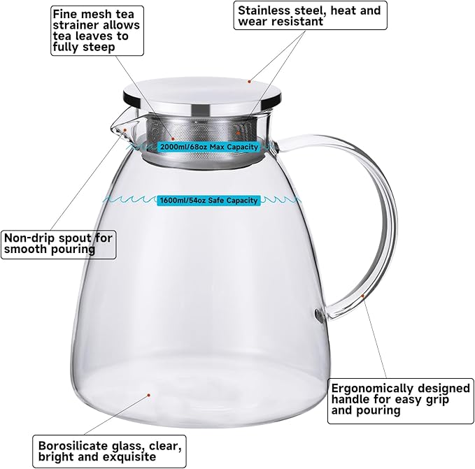 68OZ/2000ML One Touch Glass Teapot with Stainless Steel Filter Lid, Stovetop & Microwave Safe Tea Maker Water Kettle, Strainer & Cover 2 in 1 Loose Leaf Tea Steeper Pot Coffee Carafe