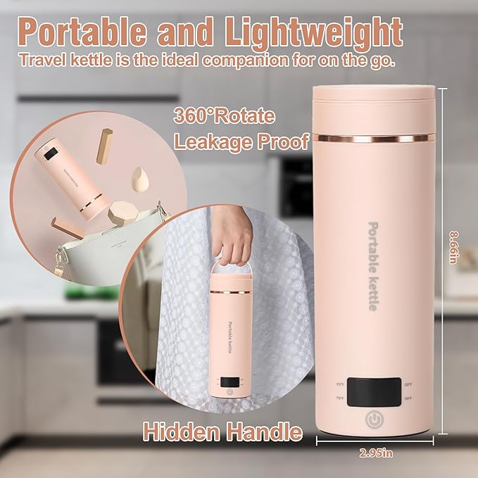 Travel Electric Kettle Portable Mini Kettle,Small Hot Water Boiler with 4 Temperature Settings,304 Stainless Steel,Fast Boiling Water with Auto Shut-Off and Boil Dry Protection (Pink, 400ml)