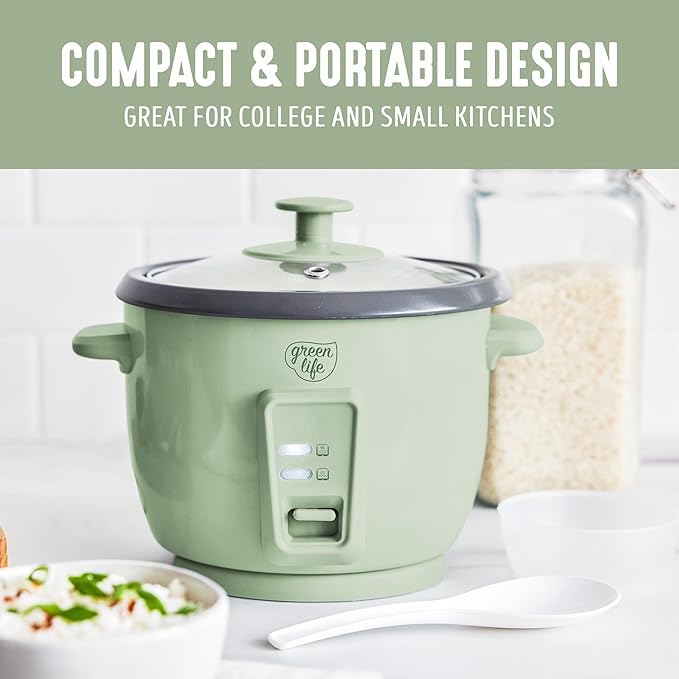 GreenLife Electric Rice Cooker, 3-Cups Uncooked/6-Cups Cooked, Removable PFAS-Free Nonstick Pot, One-Switch Design, Auto Keep Warm, Small Space Saving, Rice Paddle, Soup, Grains, Oatmeal, 1.5 QT, Green