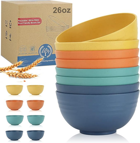 Wheat Straw Bowl Sets,8 PCS Unbreakable Cereal Bowl 26 OZ,Microwave and Dishwasher Safe Bowls,Bowl Sets for Camping and Picnic BPA Free Colorful Salad Bowls for Serving Soup,Oatmeal and Fruit Etc…