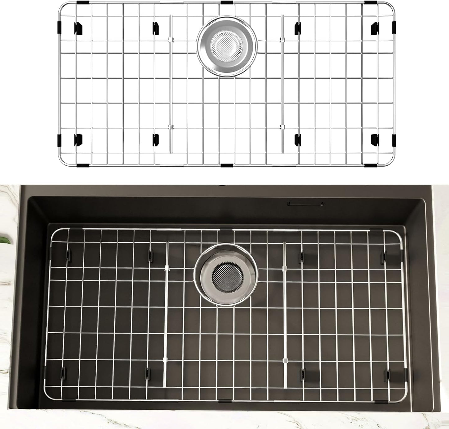 27.5’’ x 13.5’’ Stainless Steel Sink Protector, Sink Protectors for Kitchen Sink, Sink Grid, Sink Grate for Bottom with Rear Drain, Metal Sink Rack for Bottom of Sink with Corner Radius