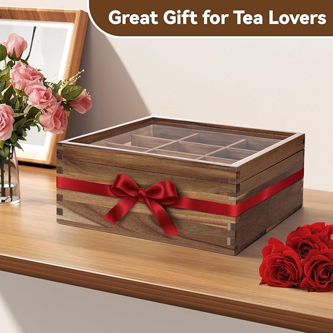 ANMINY Acacia Wood Tea Bag Organizer with Acrylic Clear Top, 10MM Thick Wooden Tea Storage Box with 9 Compartments, Teabag Holder Tea Caddy Chest for Countertop Kitchen Home Office