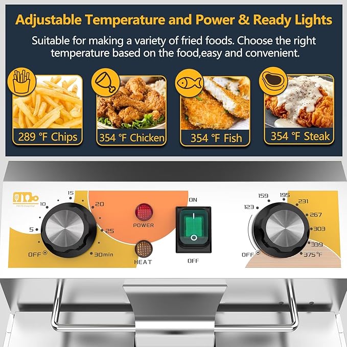 13.6QT Electric Deep Fryer with 6L(6.5QT)Frying Basket&Lid,1750W Stainless Steel Commercial Countertop Single Tank Oil Fryers with Temperature Control&Timer for Home Kitchen Restaurant