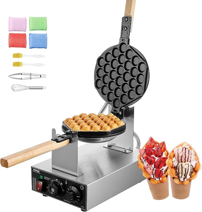 VEVOR Commercial Bubble Waffle Maker, 1400W Egg Pancake Baker Machine, Non-Stick Stainless Steel Egg Bubble Puff, 180° Rotatable, Temp and Time Control, Wooden Handle, for Restaurant Bakery Snack Bar