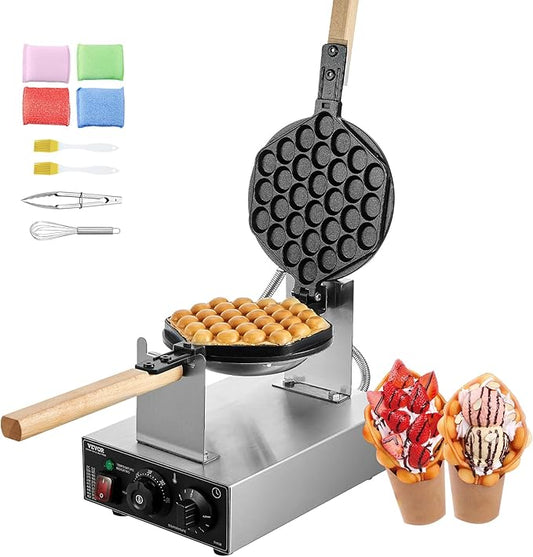 VEVOR Commercial Bubble Waffle Maker, 1400W Egg Pancake Baker Machine, Non-Stick Stainless Steel Egg Bubble Puff, 180° Rotatable, Temp and Time Control, Wooden Handle, for Restaurant Bakery Snack Bar