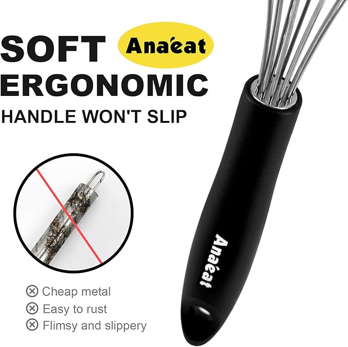 Anaeat Stainless Steel Kitchen Whisk Set of 4, Milk and Egg Beater Blender with Thick Wire for Whisking, Cooking, Baking, Beating and Stirring - 11'' Flat Whisk and 8.5''+10.5''+12'' Balloon Whisks