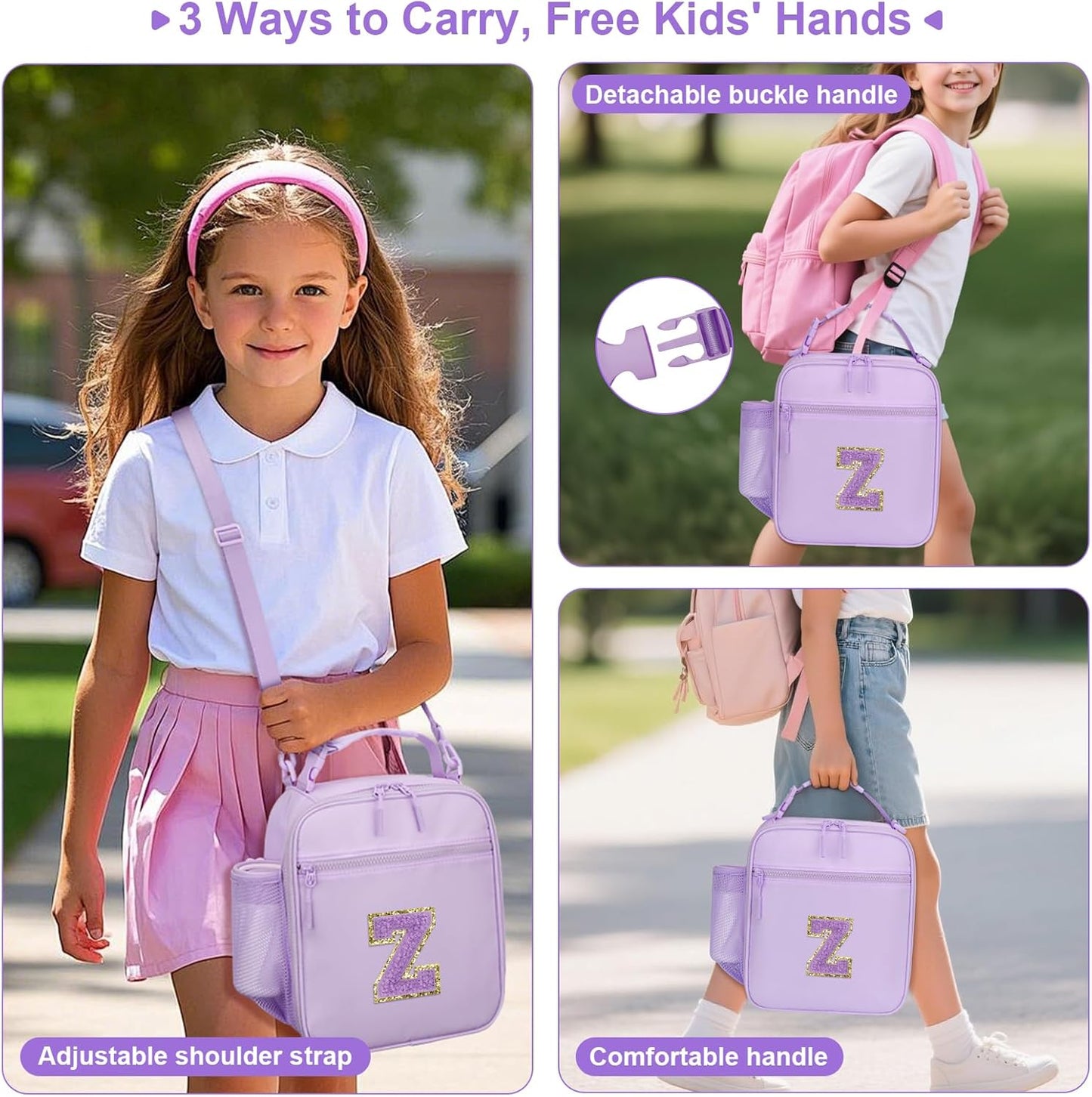 Initial Insulated Lunch Bag for Girls Kids, Back to School Gift, Reusable Leak-proof Lunch Box with Adjustable Strap for School Daycare Travel Picnic (Purple,Z)