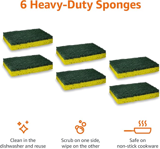 Amazon Basics Cleaning Sponges, Multipurpose, Heavy Duty Scrub Sponges, Yellow/Green, 6-Pack