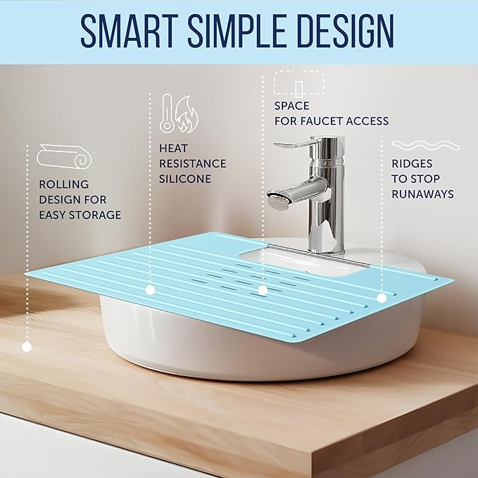 Maplefield Camper RV Sink Cover Silicone Topper - Light Blue, 22 x 2 x 2 in - Heat Resistant to 400°F - Foldable Travel Bathroom Counter Space Saver & Makeup Mat