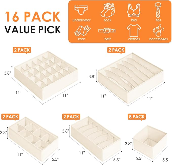 Drawer Organizer Clothes, 16 Pack Dresser Organizer Bins for Baby Clothes, Underwear Sock, Fabric Closet Organization and Storage Dividers for Nursery Bedroom (96 Compartments, Beige)