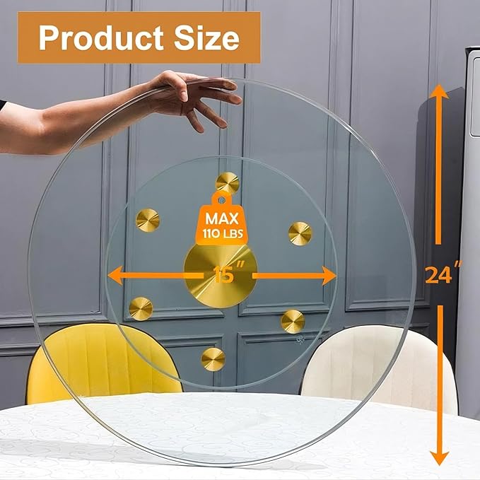24" Tempered Glass Lazy Susan Turntable, 360° Silent-Spin Round Clear Tabletop Rotating Tray, Centerpiece for Dining Tables, Smooth Rotation, for Banquets, Weddings & Family Gatherings