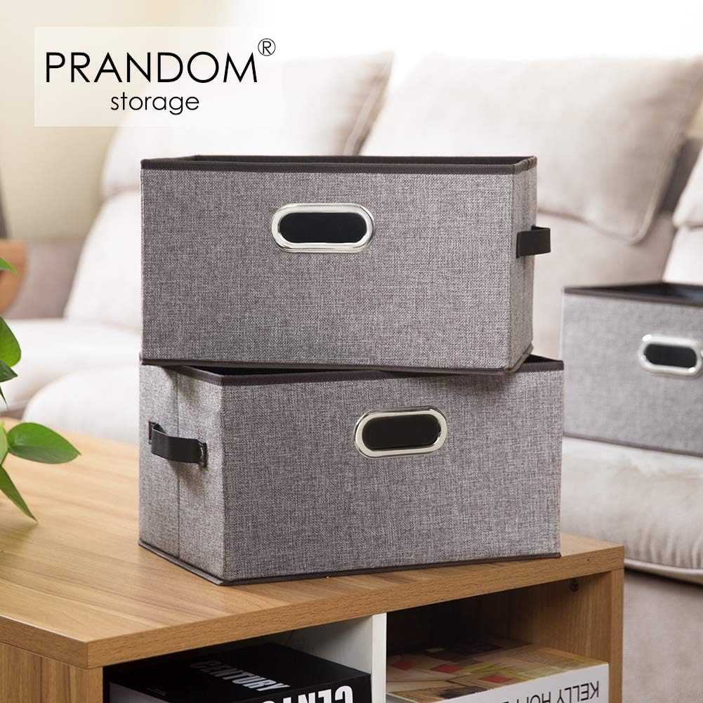 PRANDOM Fodable Storage Bins for Closet [3-Pack] Decorative Fabric Storage Baskets Cubes with Leather/Metal Handles for Shelves Bedroom Living Room Grey (11.5x8.5x6.7 Inch)