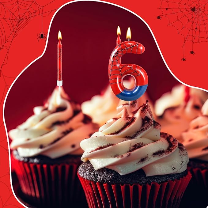 13 Pcs Spider Themed Birthday Candle Set Red Spider Theme Number 6 Candle Cake Topper for Boys Girls Birthday Decoration Spider Party Decoration Supplies (Number 6)