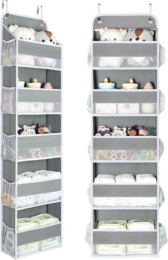 Yecaye 2 Pc Over The Door Organizer with 5 Bins 10 Side Pockets, 44lbs Load Hanging Bathroom and Bedroom Organizer, Behind The Door Hanging Organizers for Nursery Newborn Baby Essential Stuff Grey