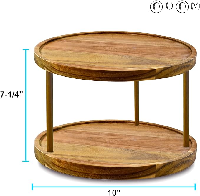 10" Two-Tier Acacia Wood Lazy Susan Organizer Kitchen Turntable for Cabinet Pantry Table Organization