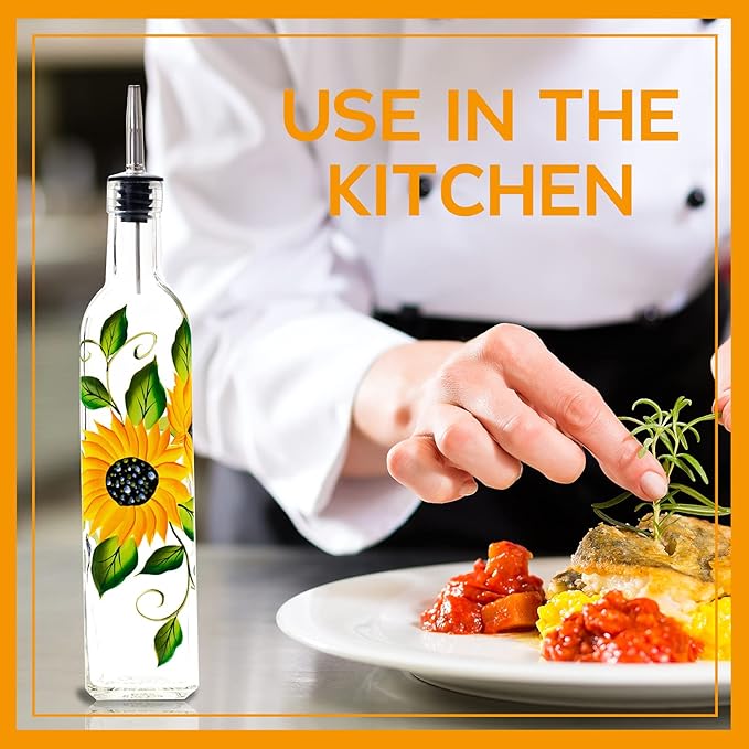 17oz Hand Painted Glass Olive Oil Bottle Dispenser - 500ml Green Oil & Vinegar Cruet with Pourers - Olive Oil Carafe Decanter for Kitchen (sunflower2)