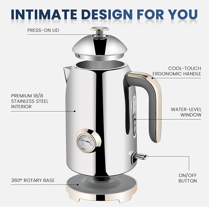 SUSTEAS Electric Kettle - 57oz Hot Tea Water Boiler with Thermometer, 1500W Fast Heating Stainless Steel Pot, Cordless LED Indicator, Auto Shut-Off & Boil Dry Protection, Silver