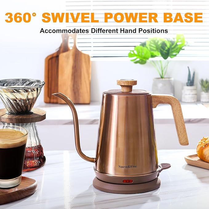 Nueve&Five Gooseneck Electric Kettle with Thermometer, Copper Tea Kettle with Auto Shut-Off,1000W Hot Water Kettle Electric of Stainless Steel,Electric Kettles for,Coffee & Tea