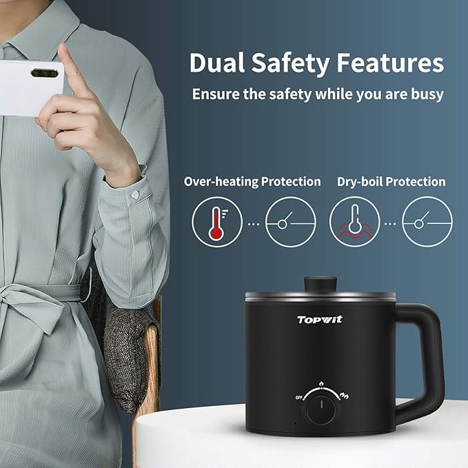 Topwit Hot Pot Electric, Electric Pot, 1.6L Ramen Cooker, Multifunctional Cooker for Pasta, Shabu-Shabu, Oatmeal, Soup and Egg with Over-Heating Protection, Boil Dry Protection, Black