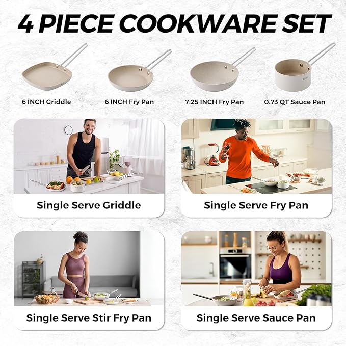 THE ROCK Single Serve Nonstick Pots and Pans Set, 4pc Portion Control Cookware Set with Rock.Tec, Scratch/Stain/Crack Proof, Oven & Dishwasher Safe, Perfect for Dorm, Camping & Small Kitchens, White