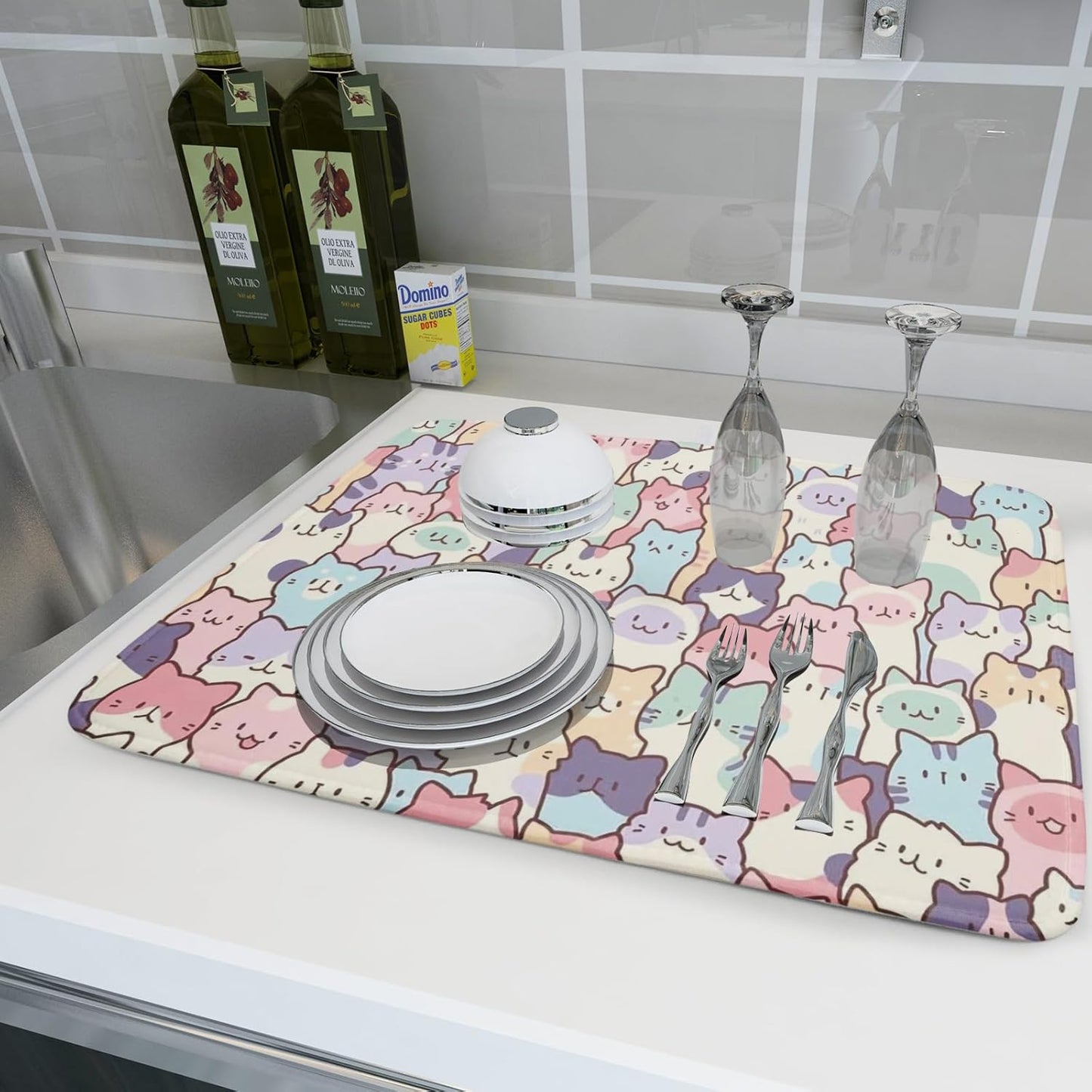 Colorful Cats Dish Drying Mat 18x24 inch Cute Animal Microfiber Reversible Fast Dry Dishes Drainer Rack Pad for Counter Kitchen Table Decor