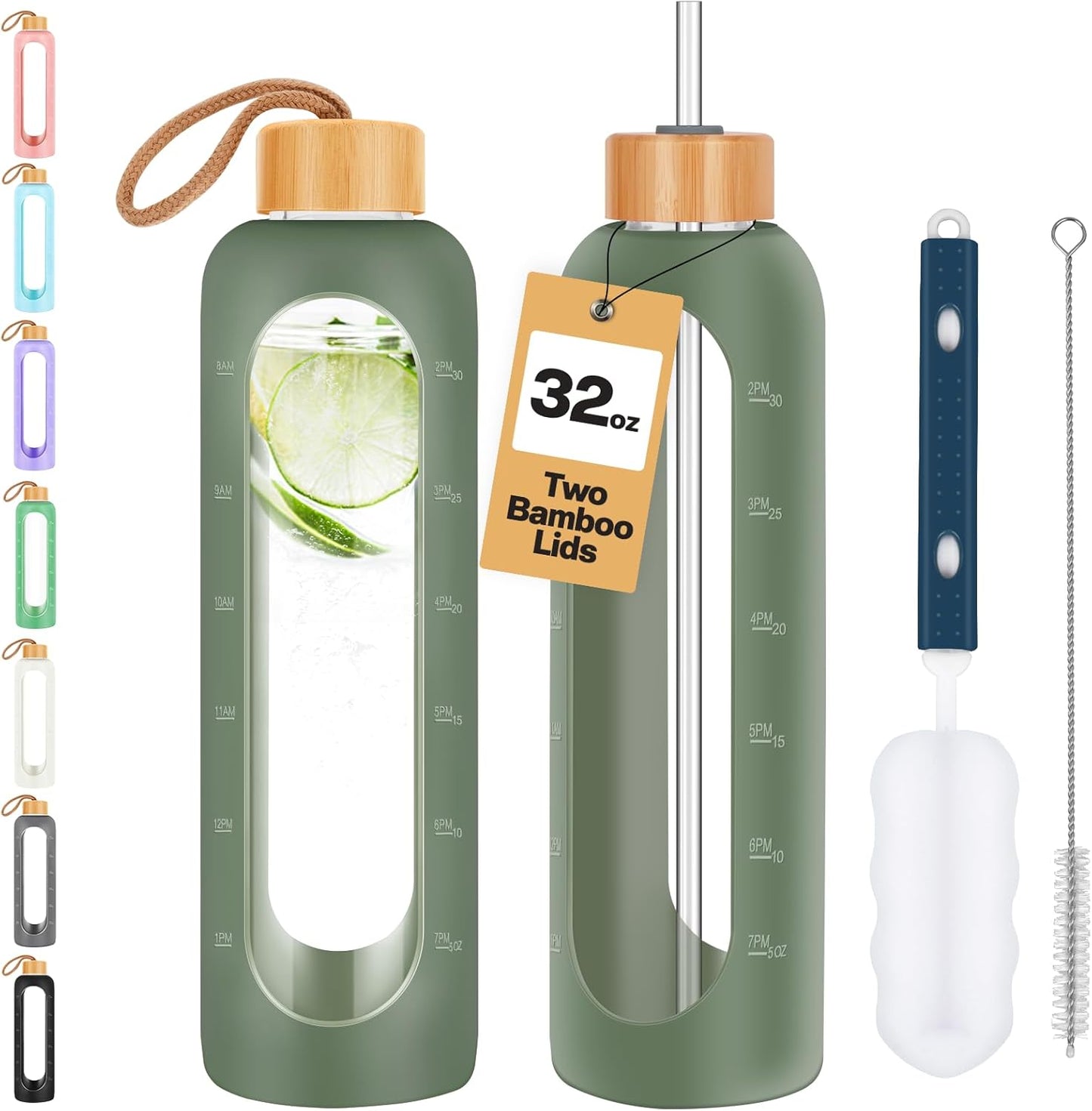 Glass Water Bottles 32 oz - Motivational Drinking Glass Water Bottle with Silicone Sleeve, Straw & 2 Bamboo Lids - 1 Liter Clear Borosilicate Daily Intake Tumbler with Time Marker - Olive