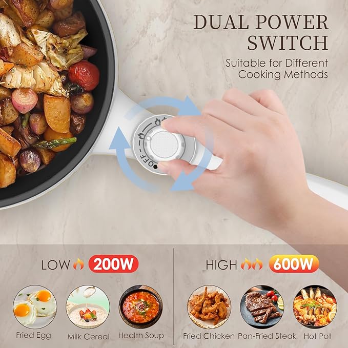 Audecook Hot Pot Electric with Steamer, 1.7L Mini Electric Skillet Portable Nonstick Sauté Pan with Power Adjustment, Ramen Cooker Travel Multicooker for Steak/Soup/Egg/Oatmeal/Noodles
