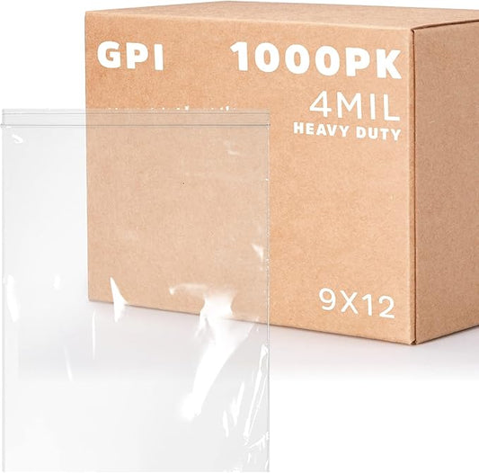 GPI - 9" X 12" Bulk Pack of 1000, 4 Mil Thick, Heavy Duty, Clear Plastic Reclosable Freezer Zip Bags, Strong & Durable Poly Baggies with Resealable Zipper Top Lock.