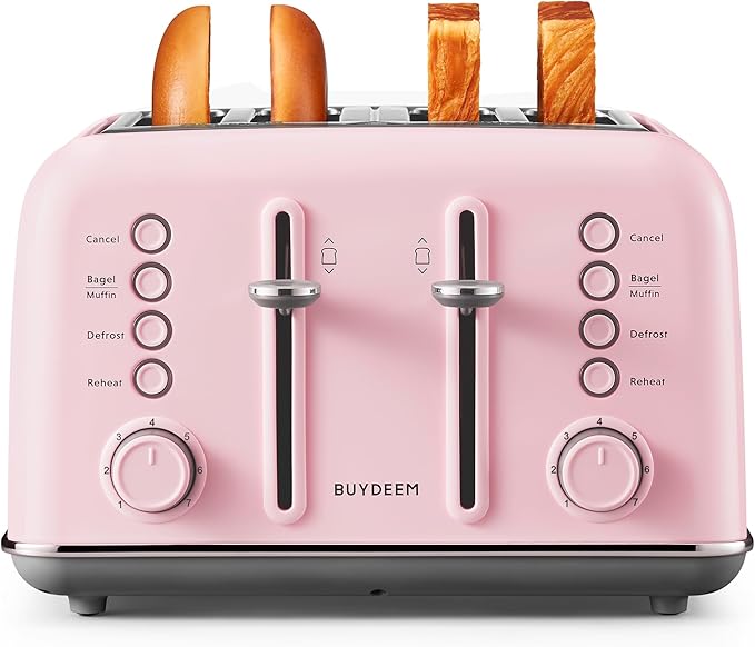 BUYDEEM DT640 4-Slice Toaster, Extra Wide Slots, Retro Stainless Steel with High Lift Lever, Bagel and Muffin Function, Removal Crumb Tray, 7-Shade Settings,Pink