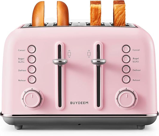 BUYDEEM DT640 4-Slice Toaster, Extra Wide Slots, Retro Stainless Steel with High Lift Lever, Bagel and Muffin Function, Removal Crumb Tray, 7-Shade Settings,Pink