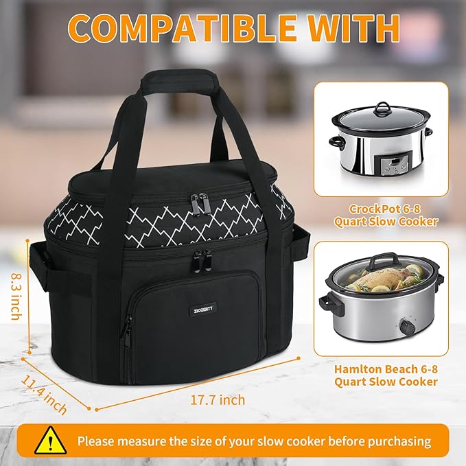 Slow Cooker Carrying Bag Compatible with 6-8 Quart CrockPot and Hamlton Beach,Double-Layer Insulated Carrier Case with Lid Fastener and See-through Window,Bag Only