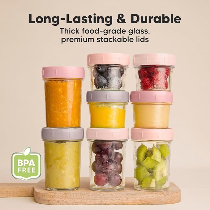 KeaBabies 4pk 8oz & 4pk 4oz Glass Baby Food Containers with Lids - Leak-Proof, Microwavable Small Glass Jars, Baby Purees & Toddler Snack Storage Containers,BPA-Free,Dishwasher & Freezer Safe(Roseate)