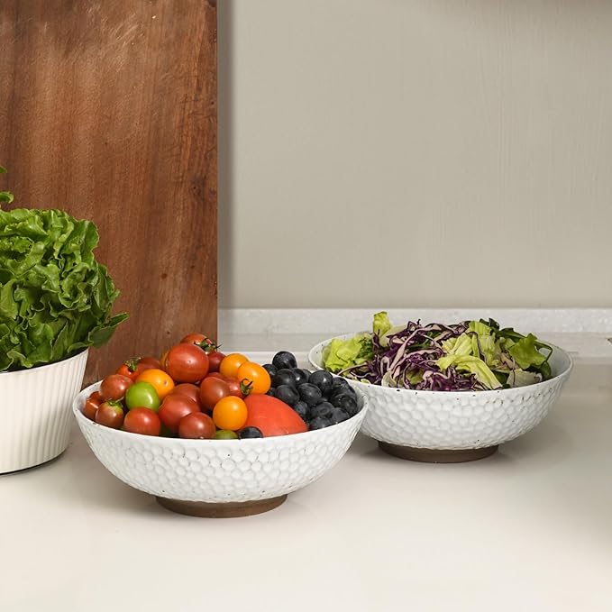 Wotalation Large White Ceramic Salad Serving Bowl - 9.4 Inch Party Bowl for Holidays, Fruit Bowl with Bamboo Utensils (57.4oz), Microwave & Dishwasher Safe