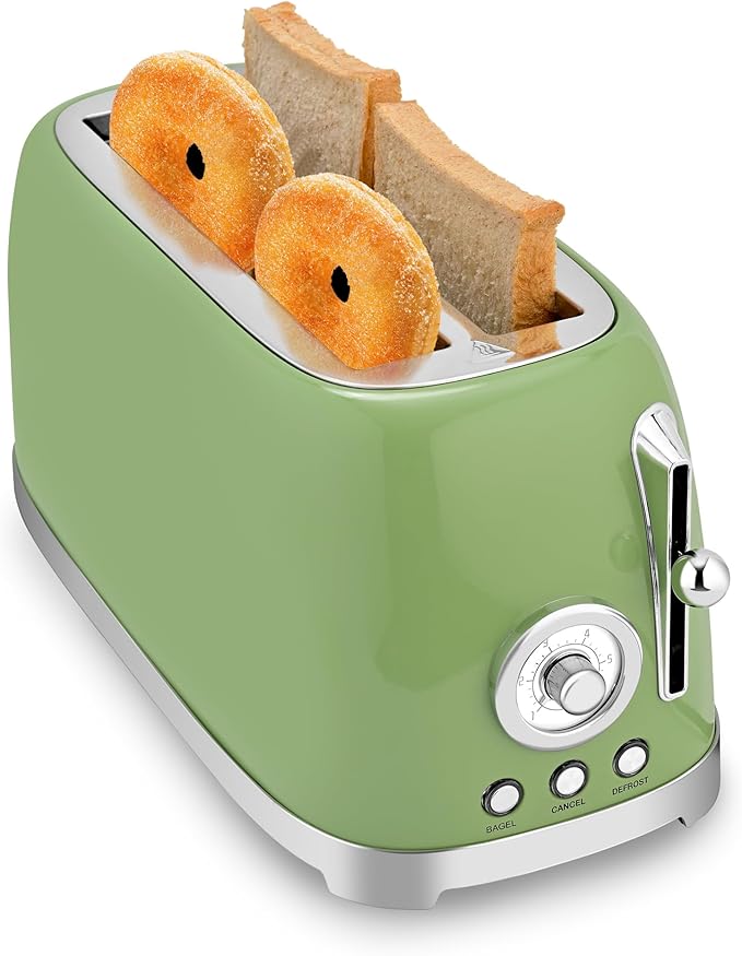 SUSTEAS Toaster 4 Slice Wide Slot, Stainless Steel Bread Bagel Toasters, Retro Long Slot Tostadora for Defrost, Reheat, Removable Crumb Tray, 1500W, 6 Browning Settings, Retro Green