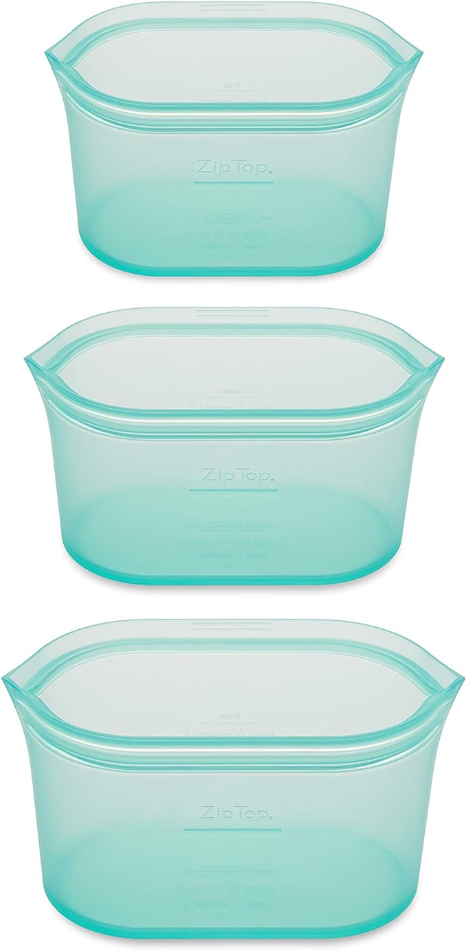 Zip Top Reusable Food Storage Bags | 3 Dish Set [Teal] | Silicone Meal Prep Container | Microwave, Dishwasher and Freezer Safe | Made in the USA
