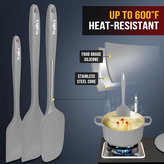 Walfos Silicone Spatula Set (7pcs) - 600℉ Heat Resistant Silicone Scraper Spatulas with Stainless Steel Core, Non Stick Flexible Rubber Spatula for Cooking, Baking and Mixing, Gray