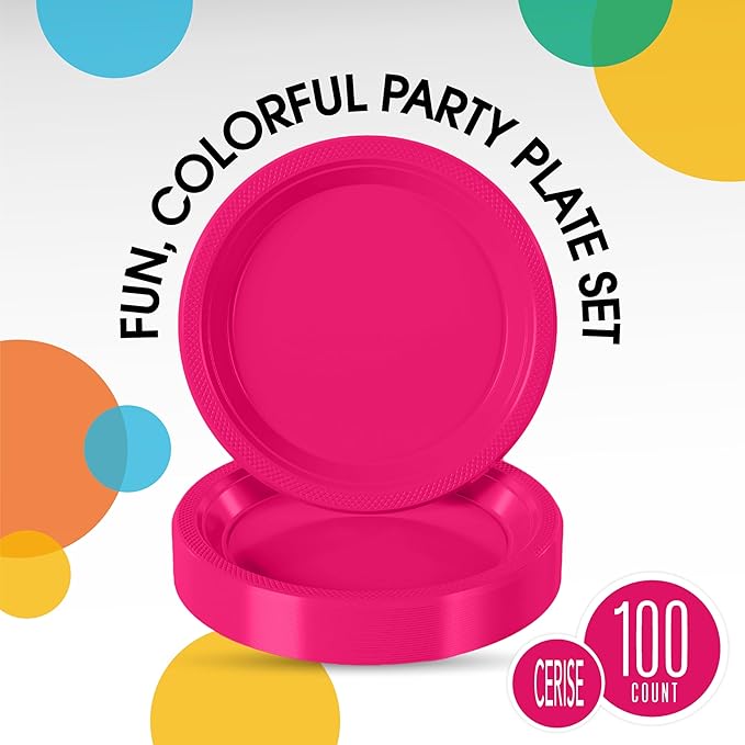 Exquisite Party Solids Hot Pink Plastic Plates For Party 7" Hot Pink Disposable Plates Heavy Duty Supplies 100 Pcs Plastic Dinnerware Sets Heavy Duty 350 GSM Disposable Dinnerware Set