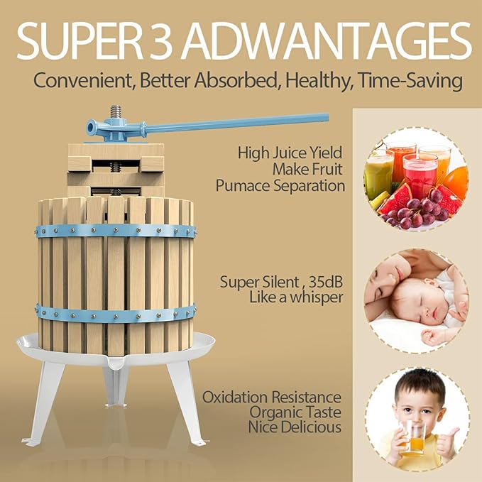 SQUEEZE master Fruit Apple Cider Wine Press-Blue-3.17 Gallon/12L-Solid Wood Basket-Vintage traditional juicer-Pole Handle Bar for Juice,Wine-1 free filter bag included