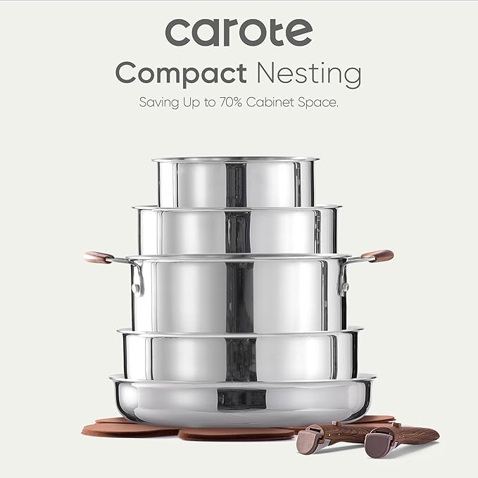 CAROTE 19pcs Stainless Steel Cookware Set with Detachable Handle, Pots and Pans Set, Induction Kitchen Cooking Sets, RV/Camping Cookware, Removable Handle, Oven Safe, Woodgrain